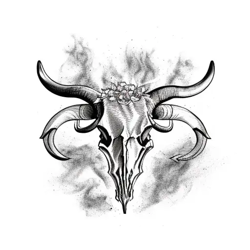 A Longhorn Skull Engulfed In Flames With A Floral Wreath Around It