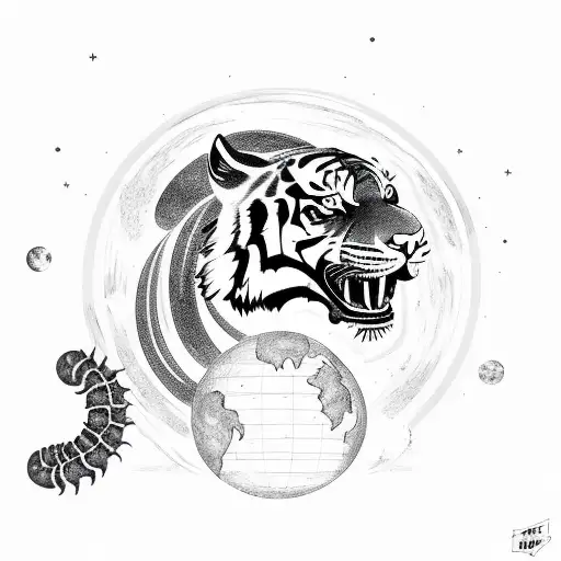 Tiger Biting Apocalyptic Planet With Scorpion Under Planet With Tail Wrapped Around The Planet