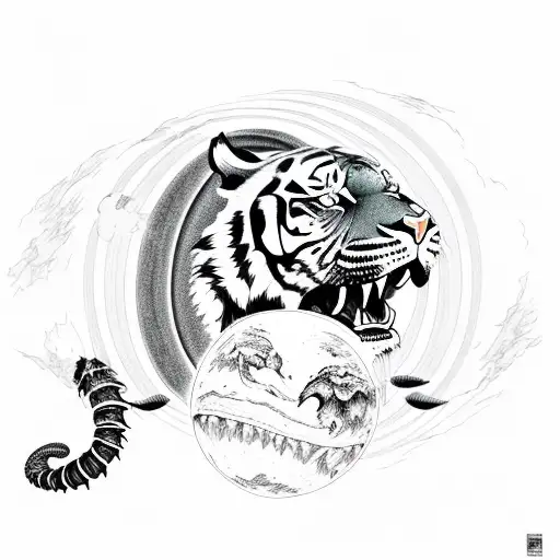 Tiger Biting Apocalyptic Planet With Scorpion Under Planet With Tail Wrapped Around The Planet