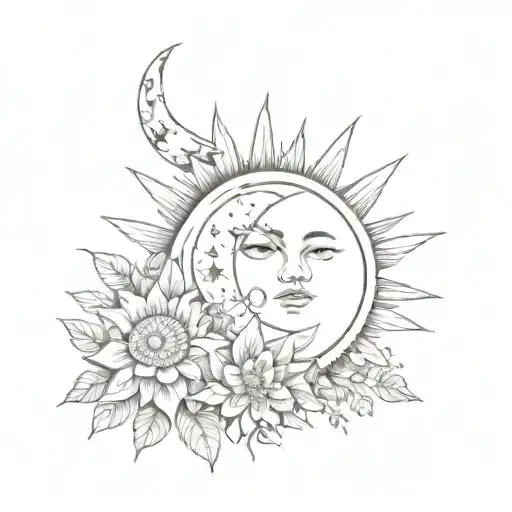 Sun And Moon Tattoo With Clouds And Flowers And Leaves Around It