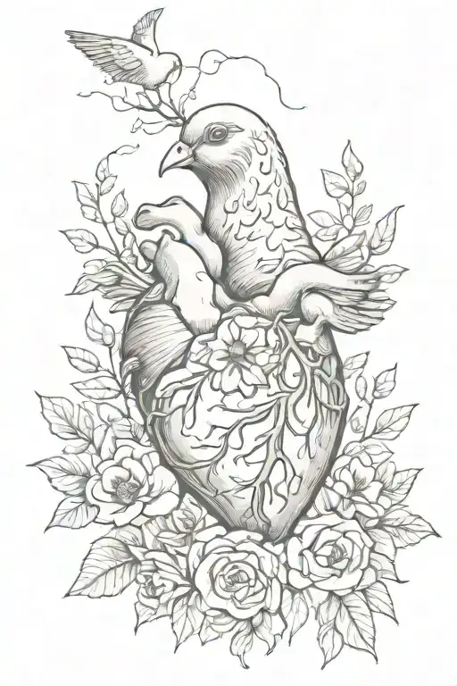 Human Heart Diagram With Flowers Growing Out Of It And A Dove Flying
