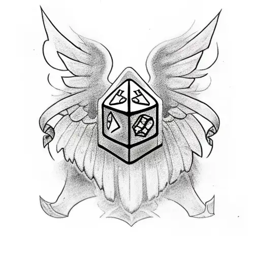 A Blackwork Tattoo Of A Dice With Wings Symbolizing The Entrepreneurial Spirit