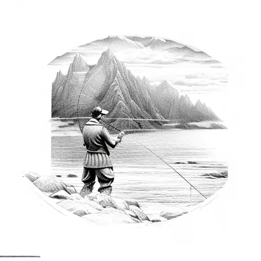 A Detailed Sketch Of A Fisherman Casting His Line In Front Of A Breathtaking Mountain Backdrop