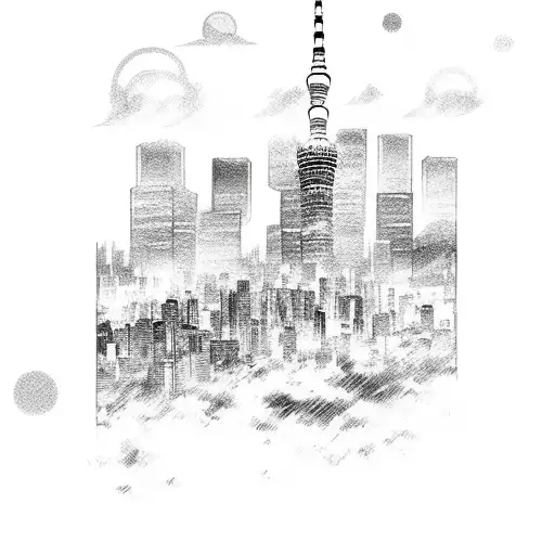 A Sketch Of A Manga Character With A Tokyo Skyline As The Background