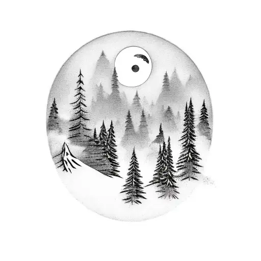 Mountain With Pine Trees And Moon