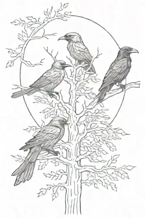 Evergreen Tree And Two Ravens Huginn And Muninn