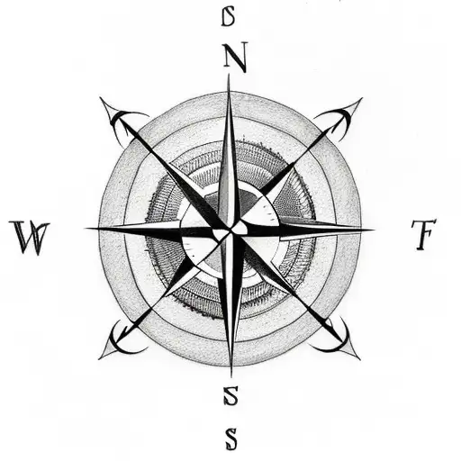 A Minimalist Tattoo Of A Compass With The Initials Of Each Family Member Pointing Towards 'Home'