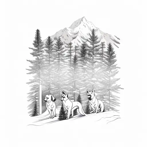 A Pack Of Dogs Running Through A Forest Of Fir Trees With Snow-capped Mountains In The Background