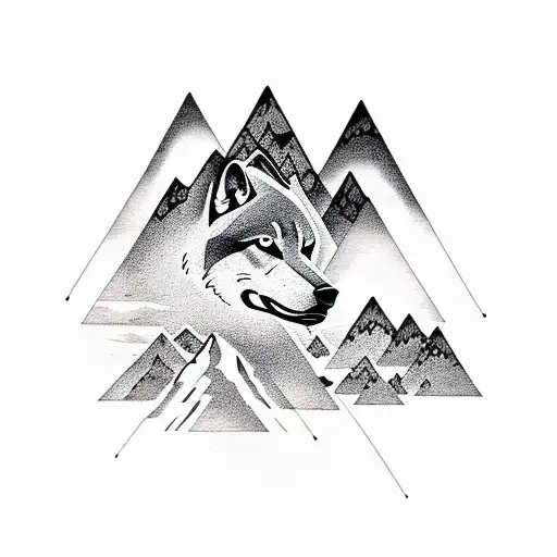 A Blackwork Tattoo Of A Mountain Landscape With A Wolf Silhouette Blending Into The Scenery