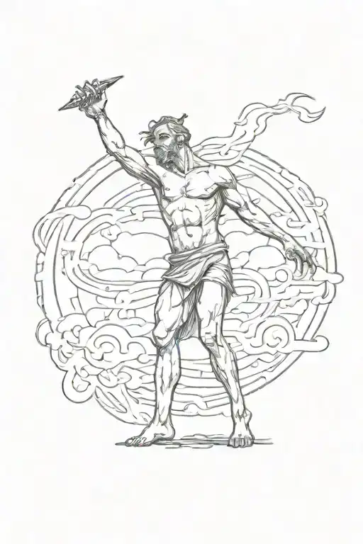Man In A Loincloth Standing With Arms Straight Above His Head Calling Down Fire From The Sky