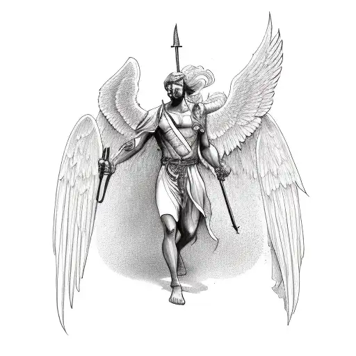 Black Angel With Fether Holding A Spear
