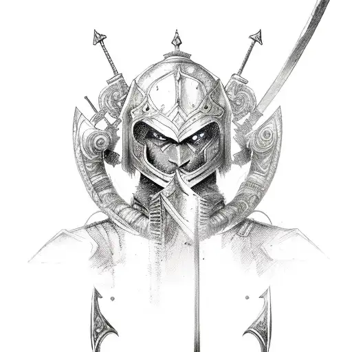 Warrior With Paired Swords In A Sketch Style