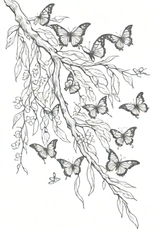 Weeping Willow Tree Branch With Butterflies