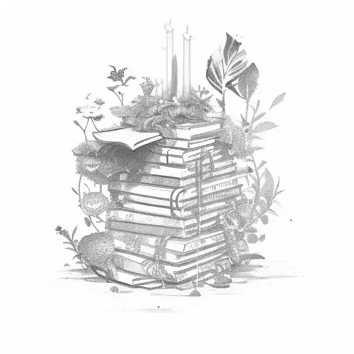 A Stack Of Books With Plant And Animal Motifs Emerging From The Pages