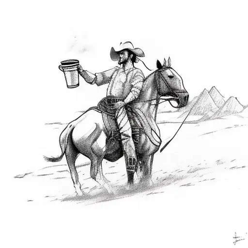 A Cowboy Riding A Horse With A Coffee Cup In Hand