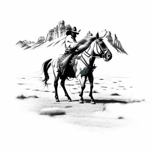 Cowboy Riding Horse With Scenery In Background