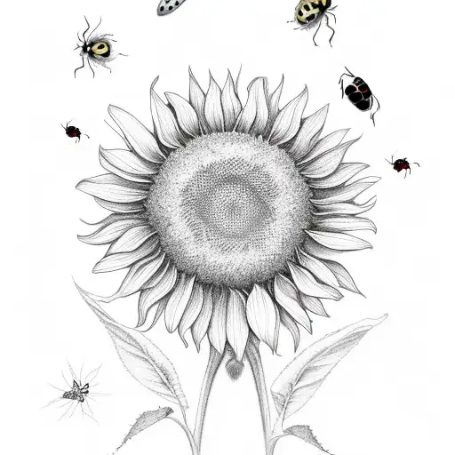 Sunflower With Butterflies And Ladybugs Bugs
