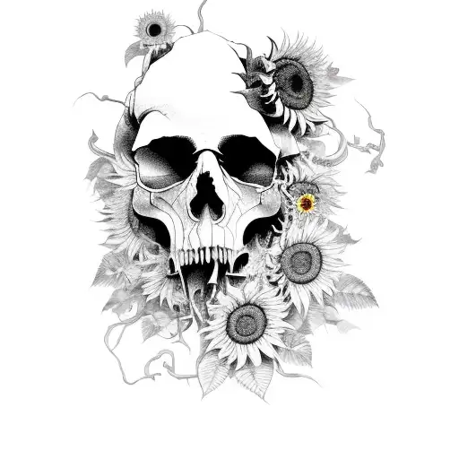 Broken Skull With Sunflowers & Vines Pouring Out