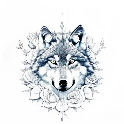 Wolf With Roses And Pattern