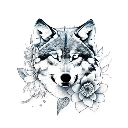 Men Sleeve Tatoo With Wolf And Flowers