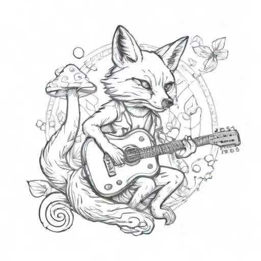 A Fox Playing A Guitar Surrounded By Psychedelic Mushrooms