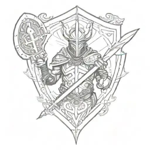 A Sketch-style Design Of A Warrior Holding A Sword And Shield With A Cross On It Tattoo Idea
