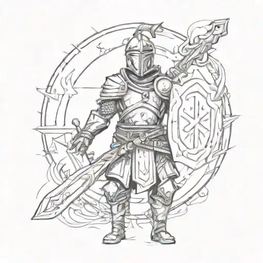 A Design Of A Warrior Holding A Sword With A Shield And A Cross On It Tattoo Idea