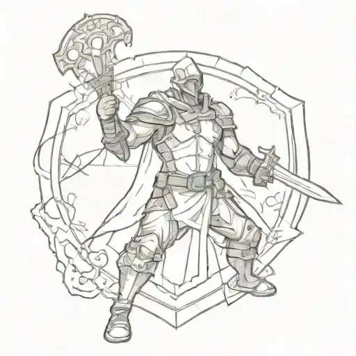 A Design Of A Fighter Holding A Sword With A Shield And A Cross On It Tattoo Idea