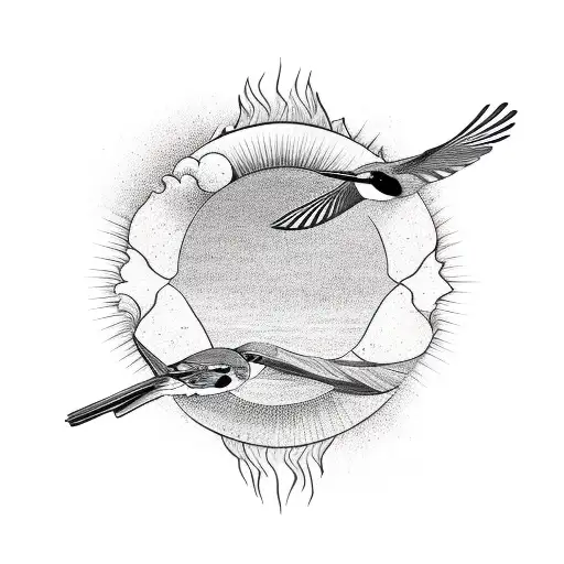 Two Sparrows Flying In Front Of The Sun