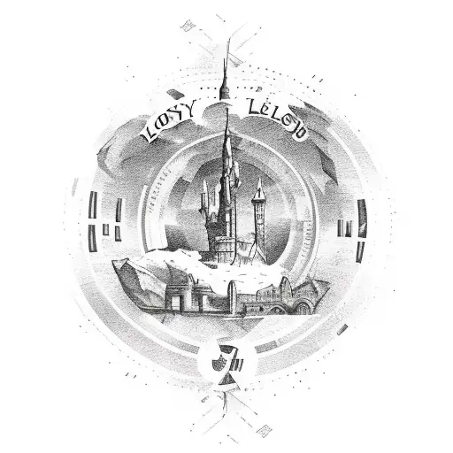 A Bold Font Tattoo Of The Word 'Lesley' Surrounded By Travel Landmarks