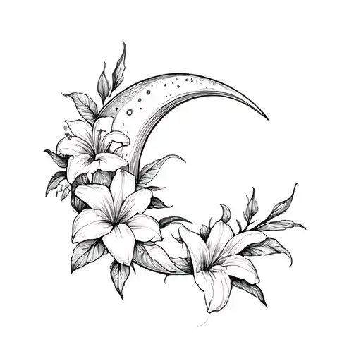 Crescent Moon Lilly Flowers Tattoo Design