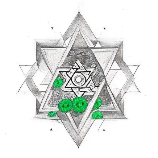 A Traditional Tattoo Design Featuring A Star Of David Surrounded By Vibrant Emerald Flowers