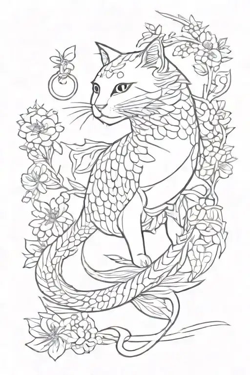 Lines Japan Fish Cat Red Flovers