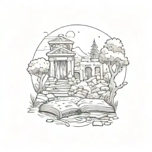 A Sketch-style Tattoo Of A Magical Forest Scene With Ancient Ruins And Books Scattered Around
