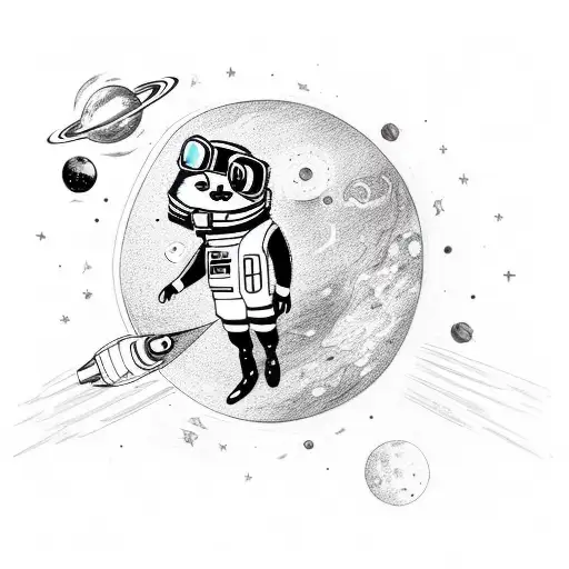 Raccoon Dressed As An Astronaut Floating In The Space With Stars And Planets