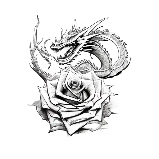 A Sketch-style Design Of A Dragon And Roses Intertwined