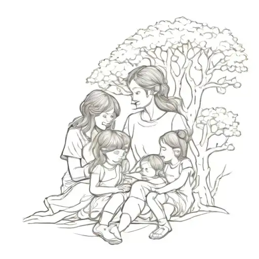 Woman And Three Little Daughters And A Tree Behind Them