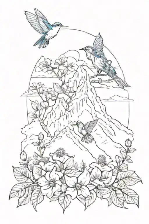 Rocky Mountain Peak With Mountain Blue Birds And Monarch Butterflies With Wild Prairie Roses