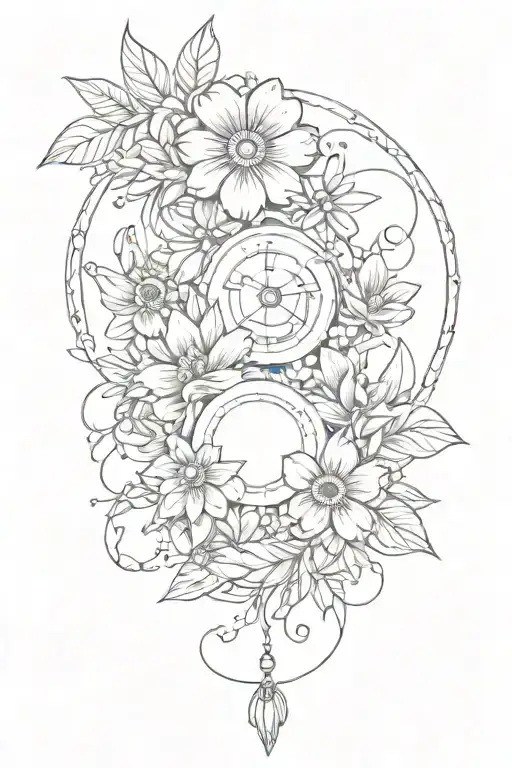 Spin Tattoo With Flowers And Small Cat Paw Print Tattoo