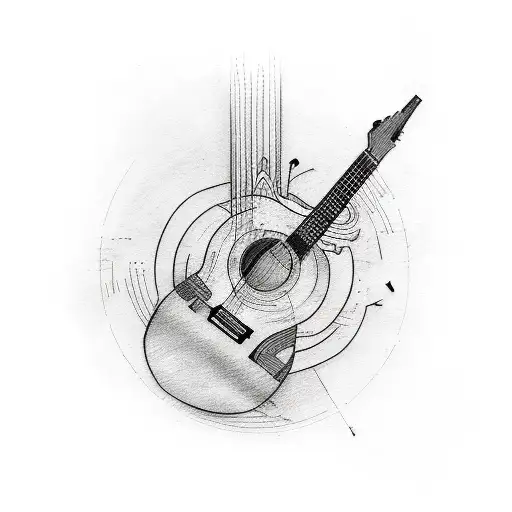 A Sketch-style Tattoo Of A Guitar With Soundwaves Emanating From It