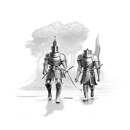 A Knight Walking To Battle With A Dog Walking Beside Him