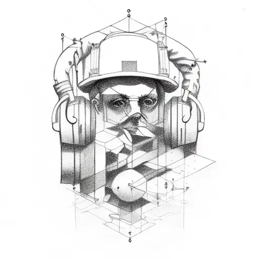 A Sketch-style Tattoo Of A Builder Surrounded By Music Engine Parts