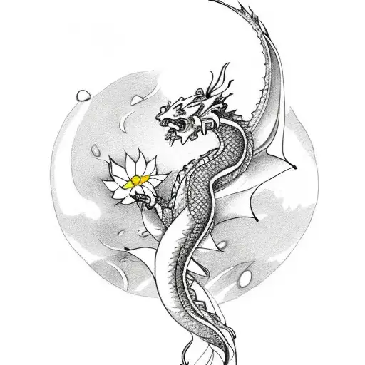 Dragon And Koi With A Flower Petals For A Leg Sleeve