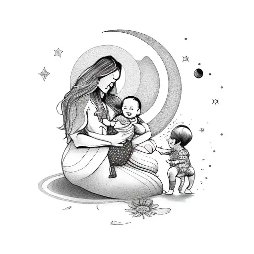 Mother With Baby And Toddler And Moon And Flowers