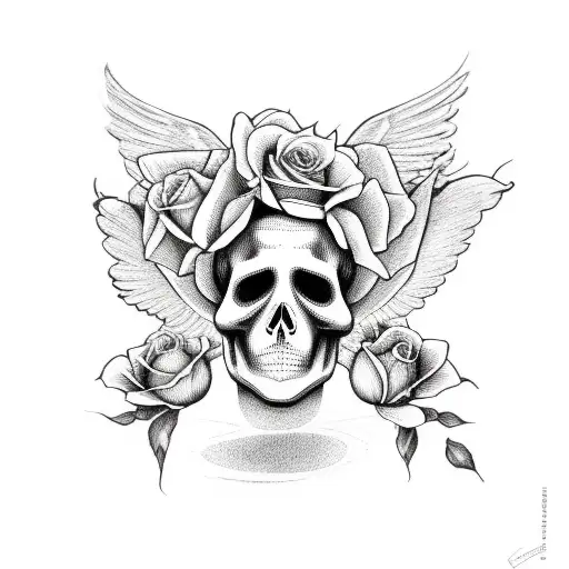 Baby Angel Laying On 2 Roses With A Sugar Skull Beneath