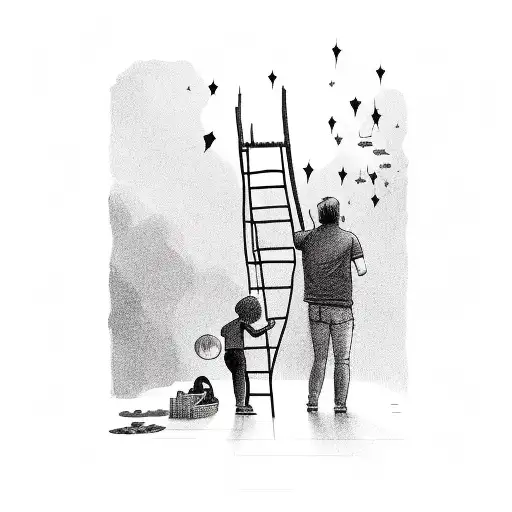A Father Reaching The Stars By Using Ladder And His Daughter Is Watching Him