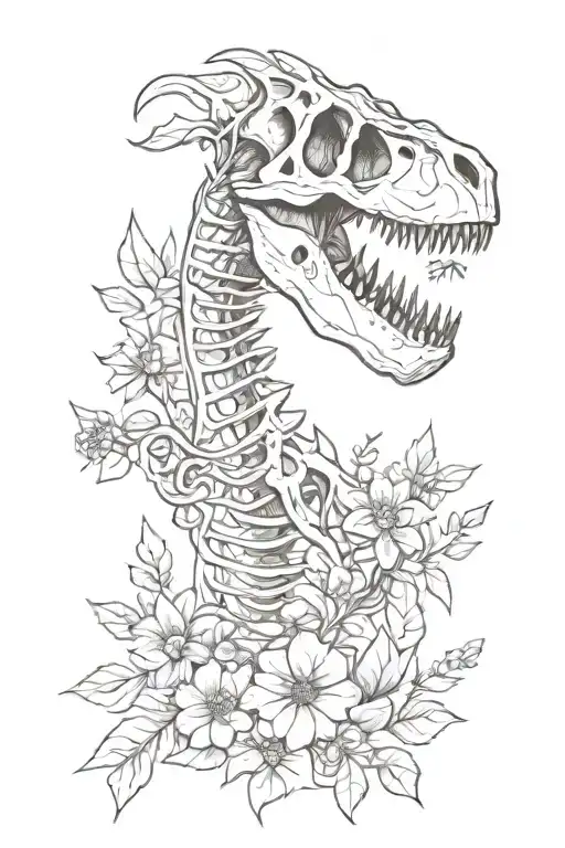 Dinosaur Skeleton And Flowers