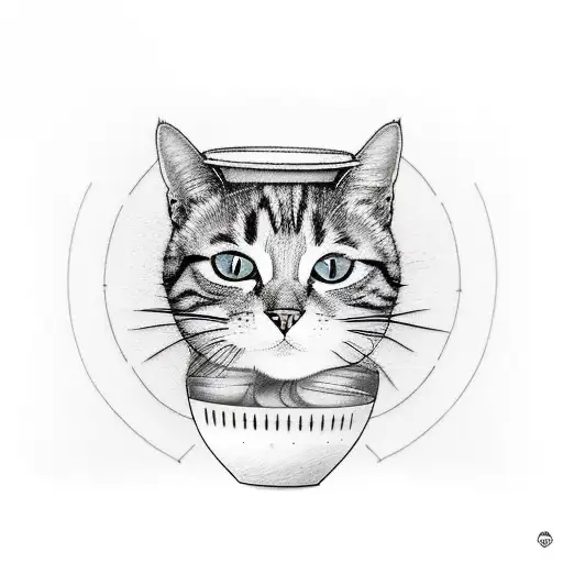 A Minimalist Tattoo Of A Cat Sitting On Top Of A Coffee Cup With Mountains In The Background