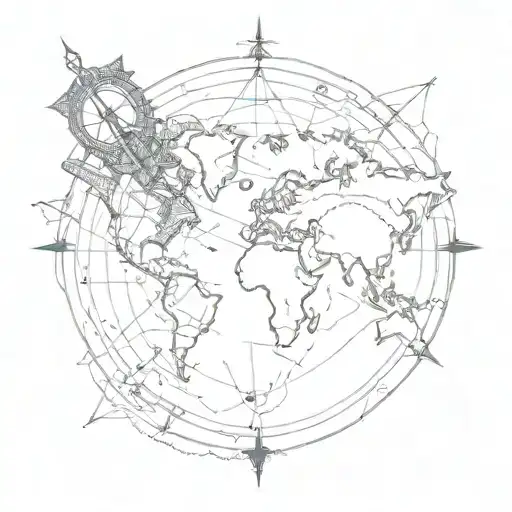 Fine Line Compass And World Map Layered On Top