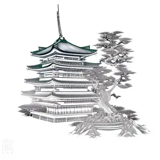 Japanese Samurai With Temple And Dragon Intertwined With A Bonsai Tree Around 12Cm